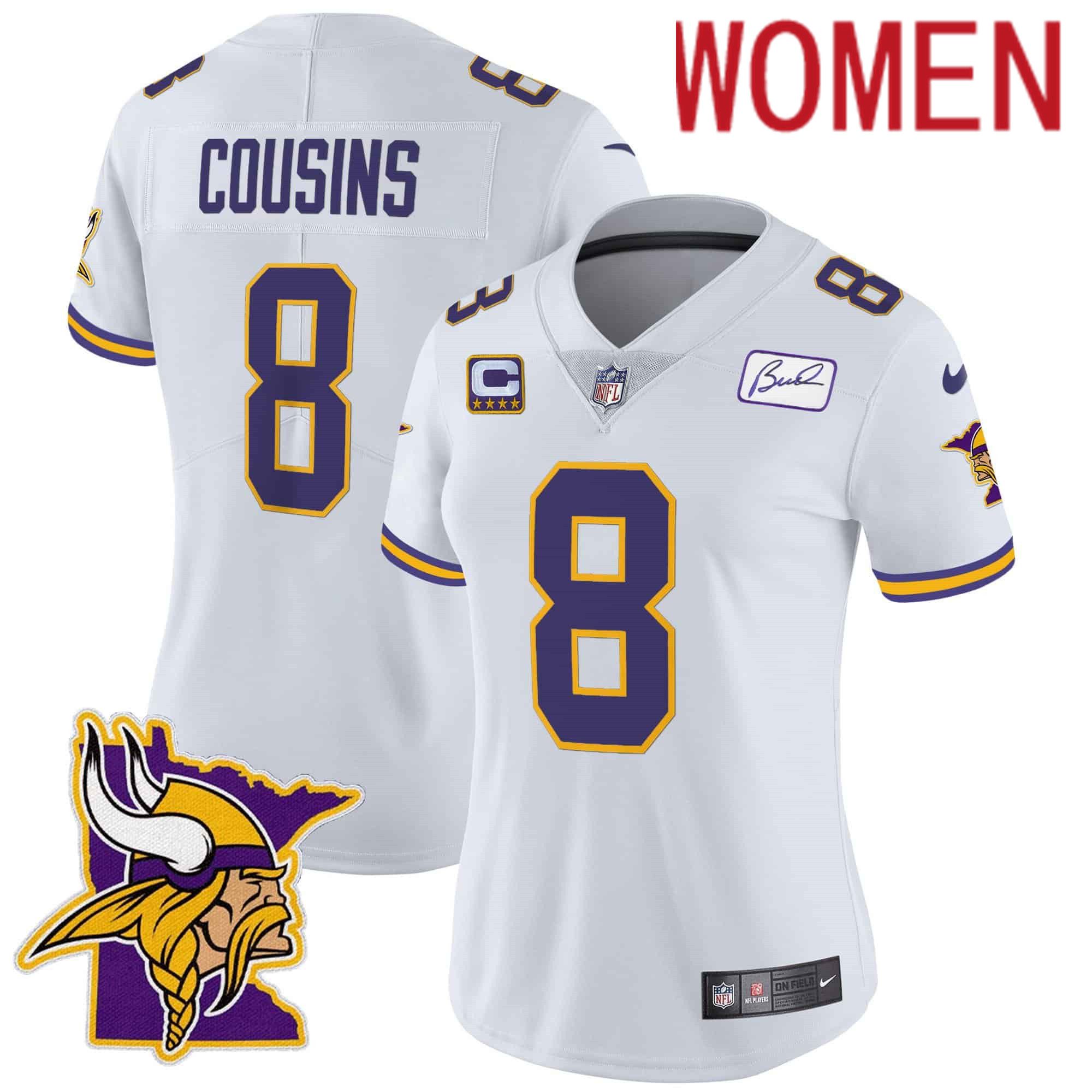 Women Minnesota Vikings #8 Cousins White 2024 Nike Patch Classic Limited NFL Jersey
